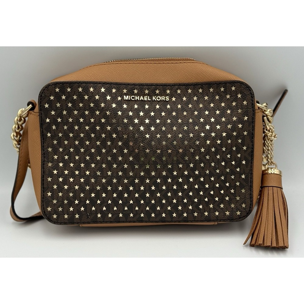 Michael Kors Ginny MD Camera Crossbody Bag Brown Gold Stars Logo 32H7GGNM6B NWT